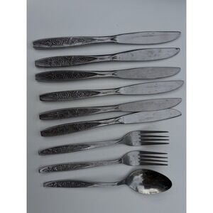 Customcraft Stainless Taiwan Flatware Silverware Textured Rose MCM 9 Pieces